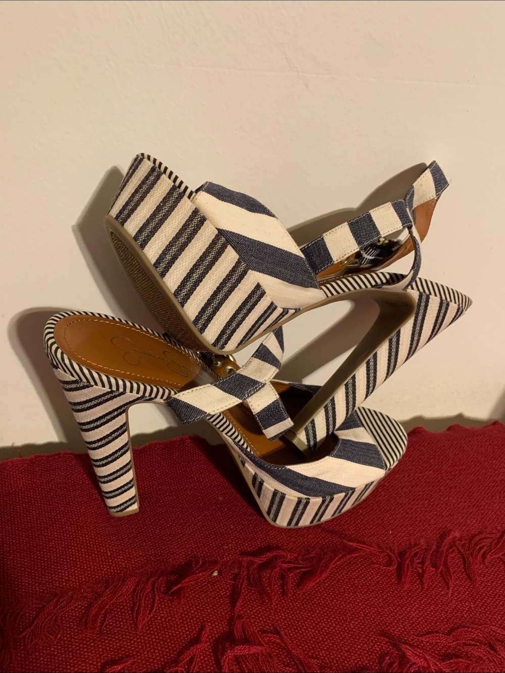 Jessica Simpson Navy and White Striped Platform Slingbacks